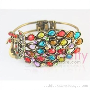 Vintage Colorful Peacock Copper Rhinestone Opening Bracelet Bang